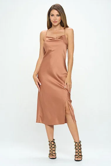 Satin Bias Slip Dress with Slit - CARAMEL