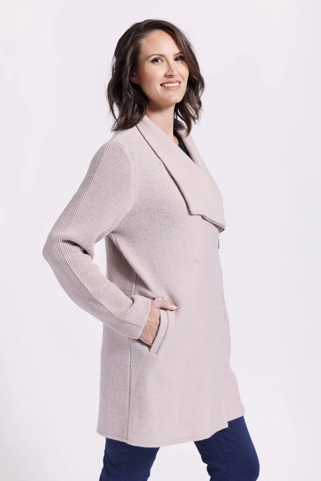 See Saw - 100% Boiled Wool Ribbed Sleeve Coat Stone | SW964