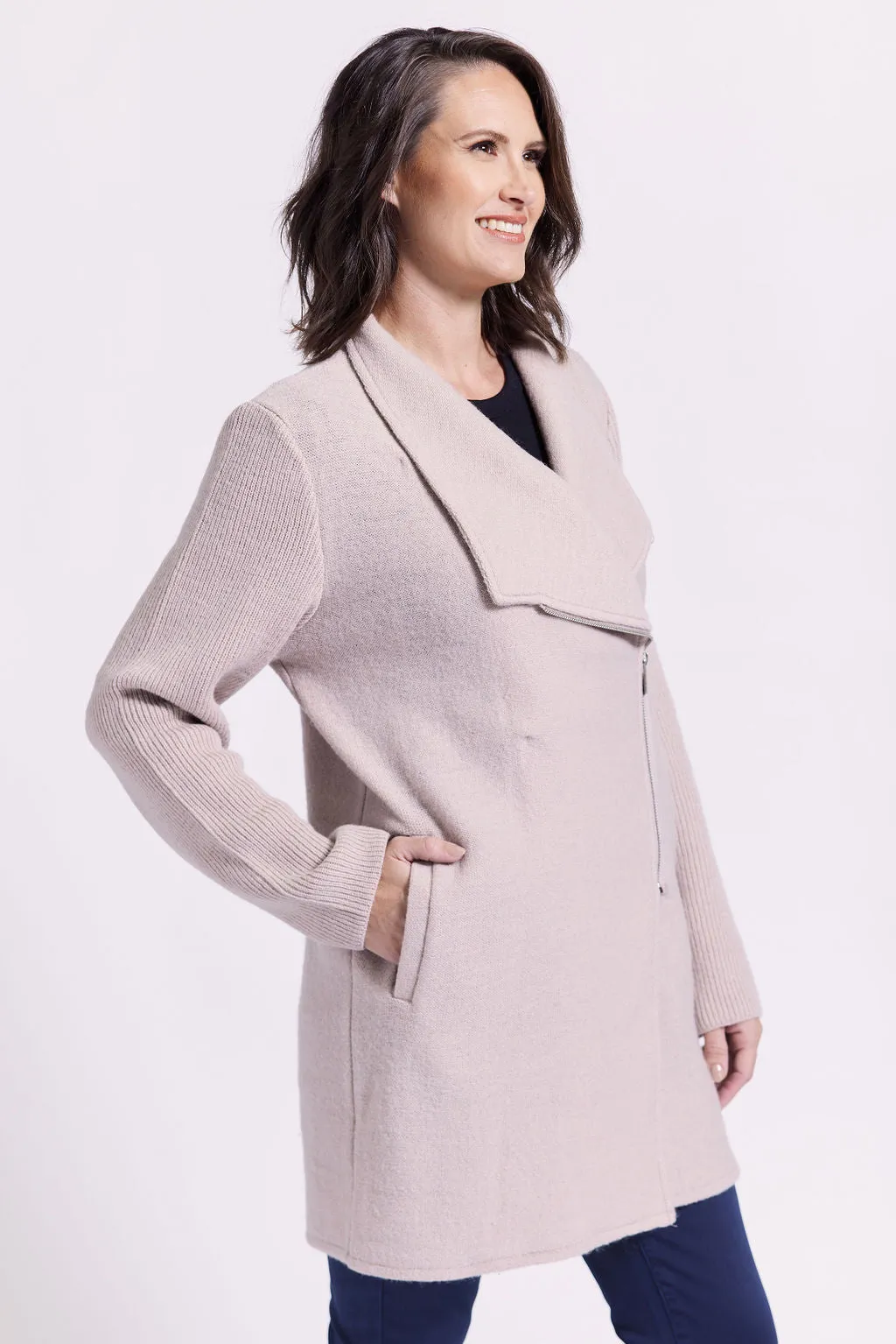 See Saw - 100% Boiled Wool Ribbed Sleeve Coat Stone | SW964