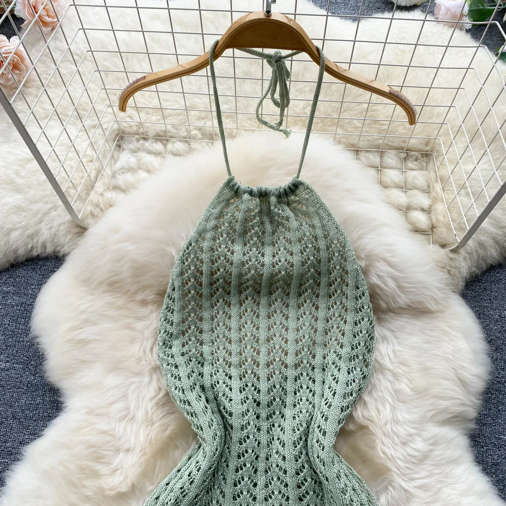 Sleeveless Hollowed Knitted Halter Dress