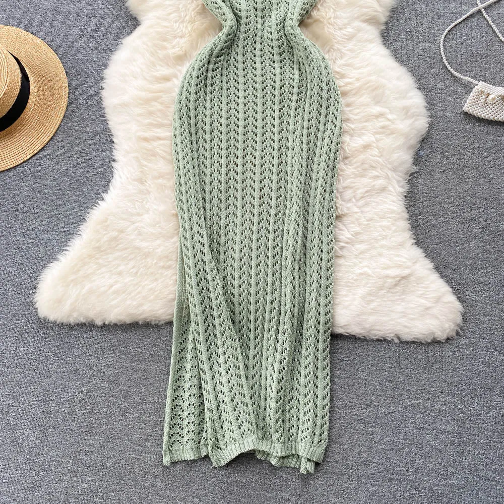 Sleeveless Hollowed Knitted Halter Dress