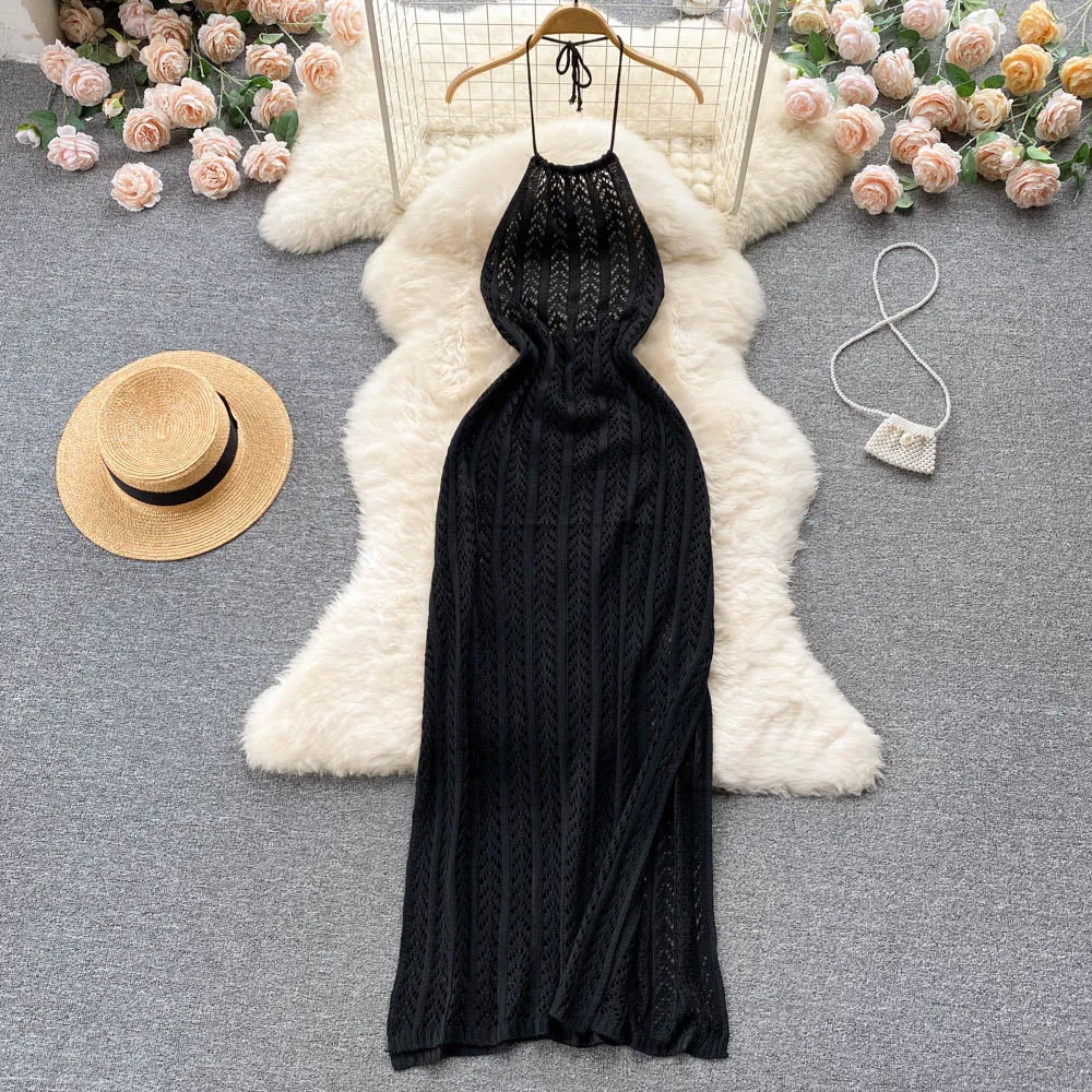 Sleeveless Hollowed Knitted Halter Dress