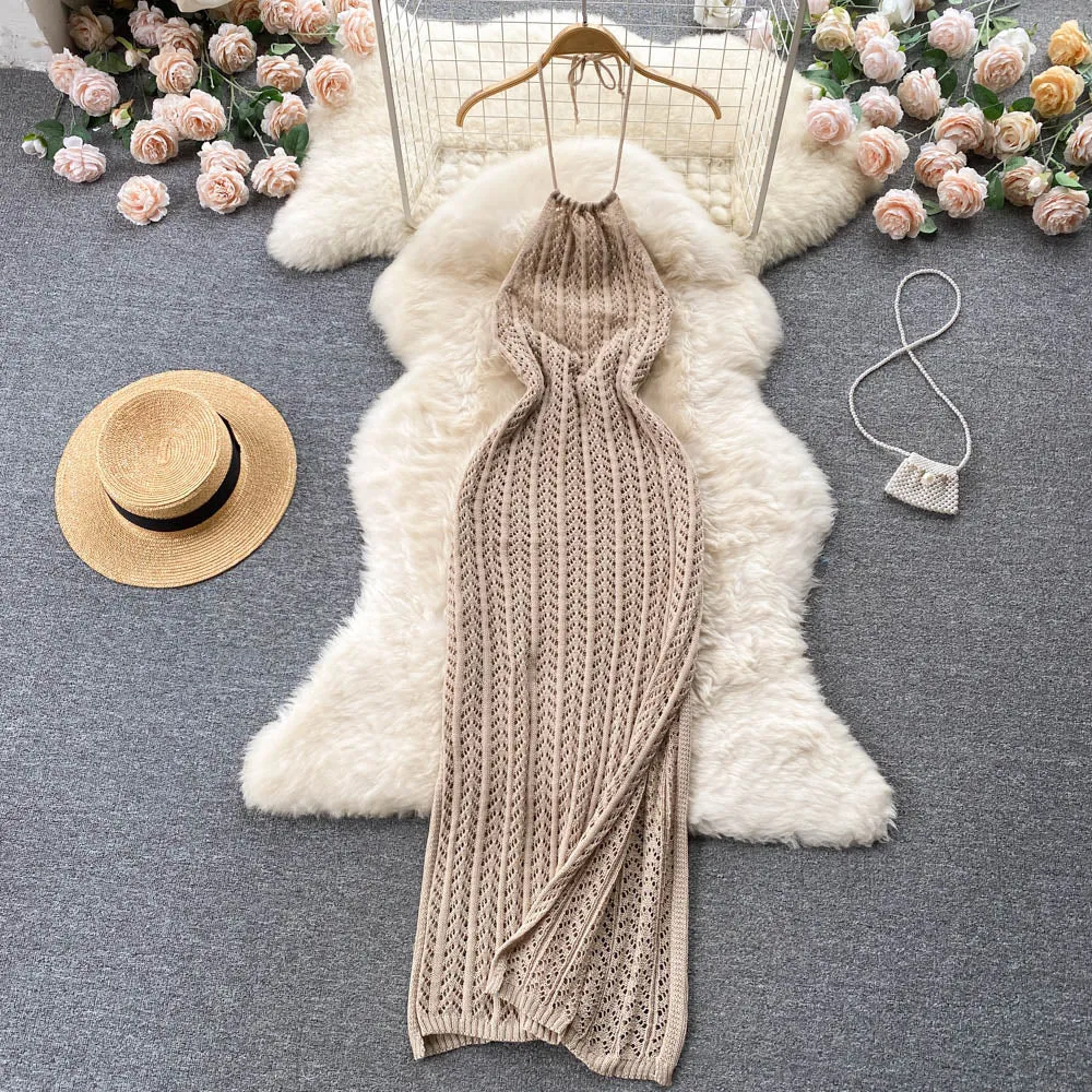 Sleeveless Hollowed Knitted Halter Dress