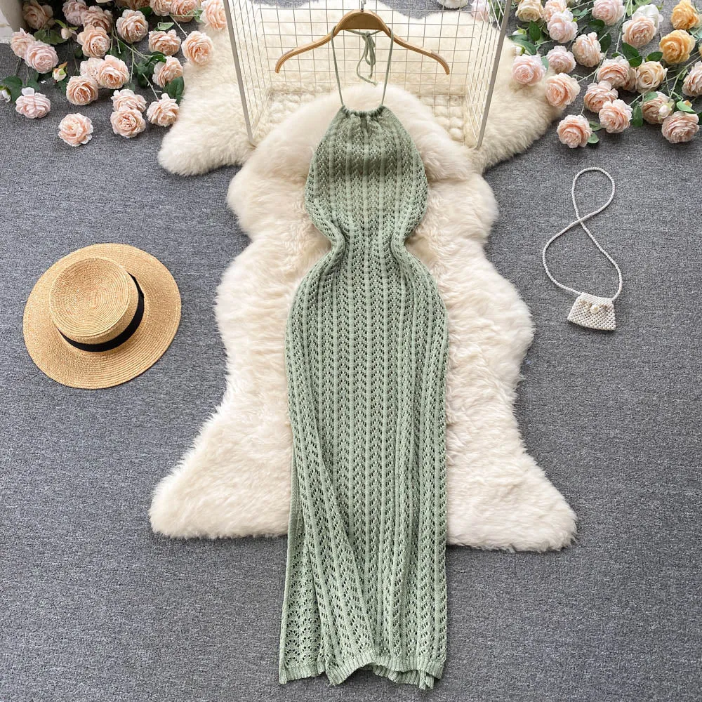 Sleeveless Hollowed Knitted Halter Dress