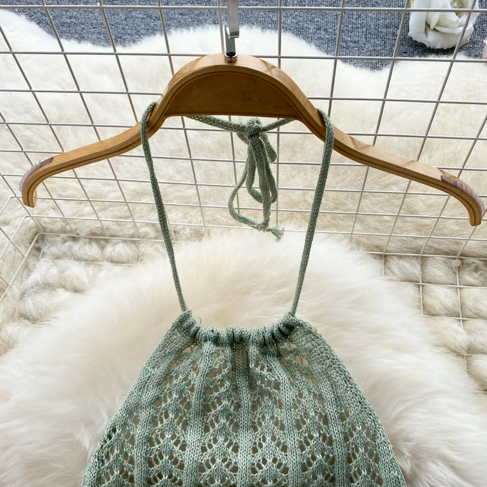 Sleeveless Hollowed Knitted Halter Dress