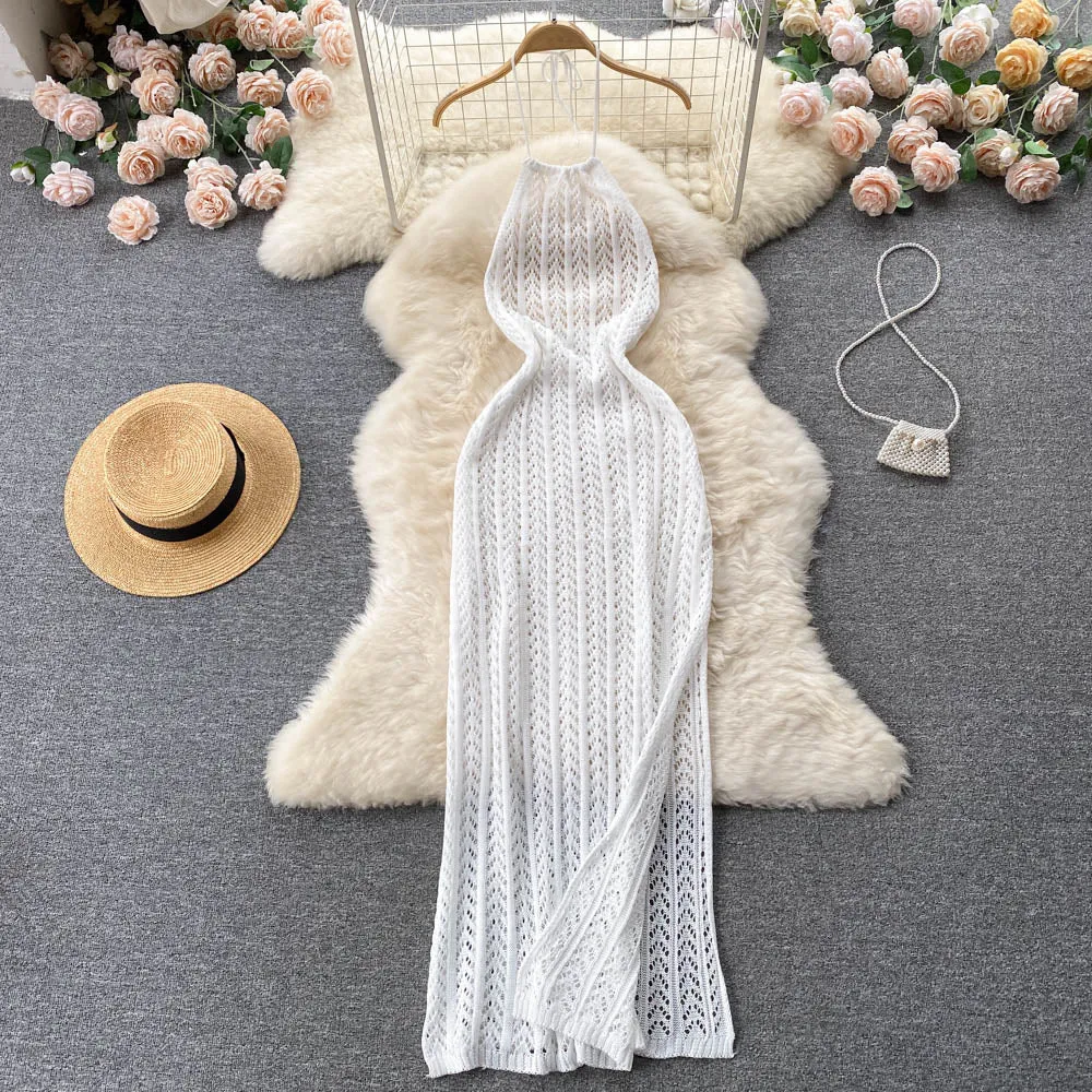 Sleeveless Hollowed Knitted Halter Dress