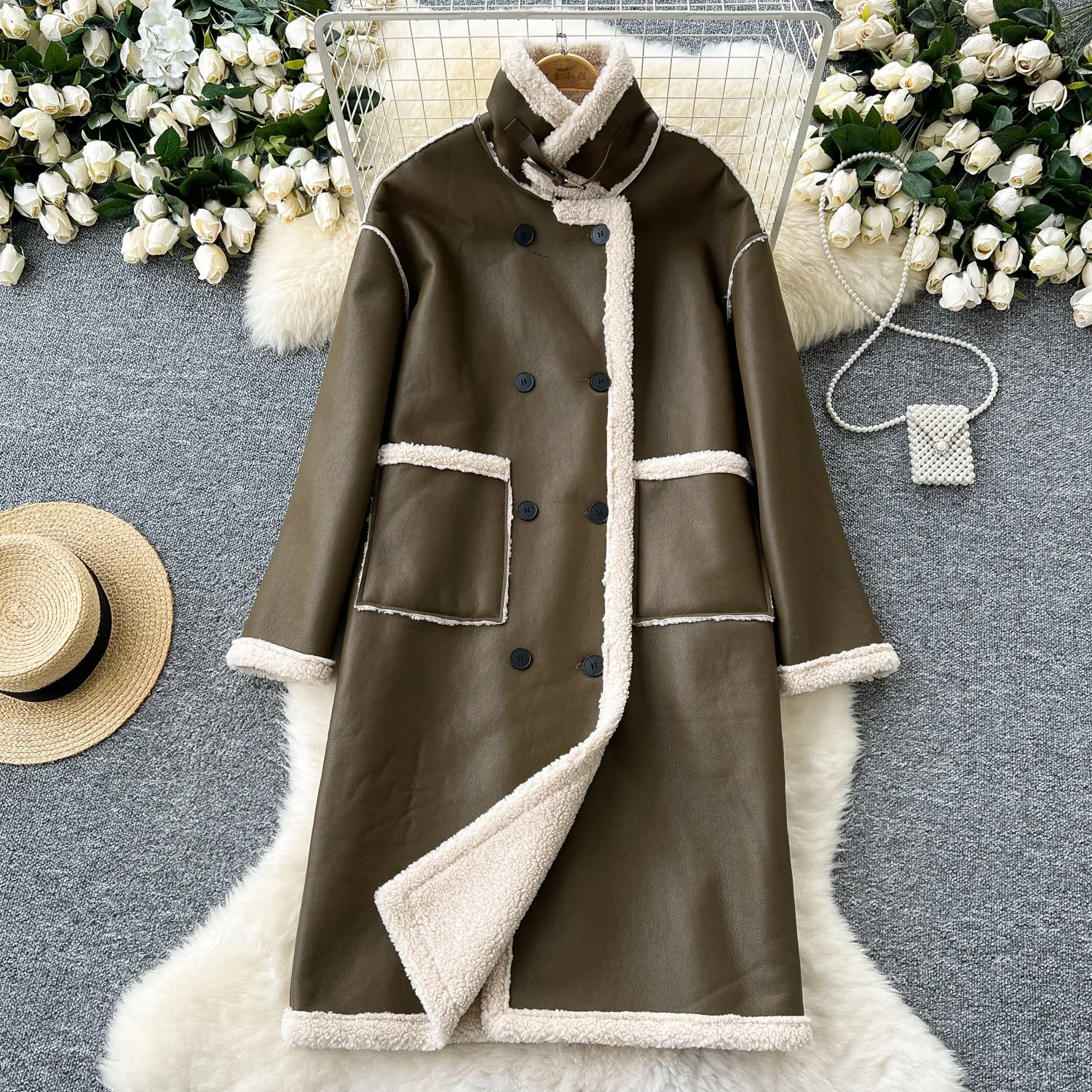 Stand Collar Thermal Lamb Wool Coat