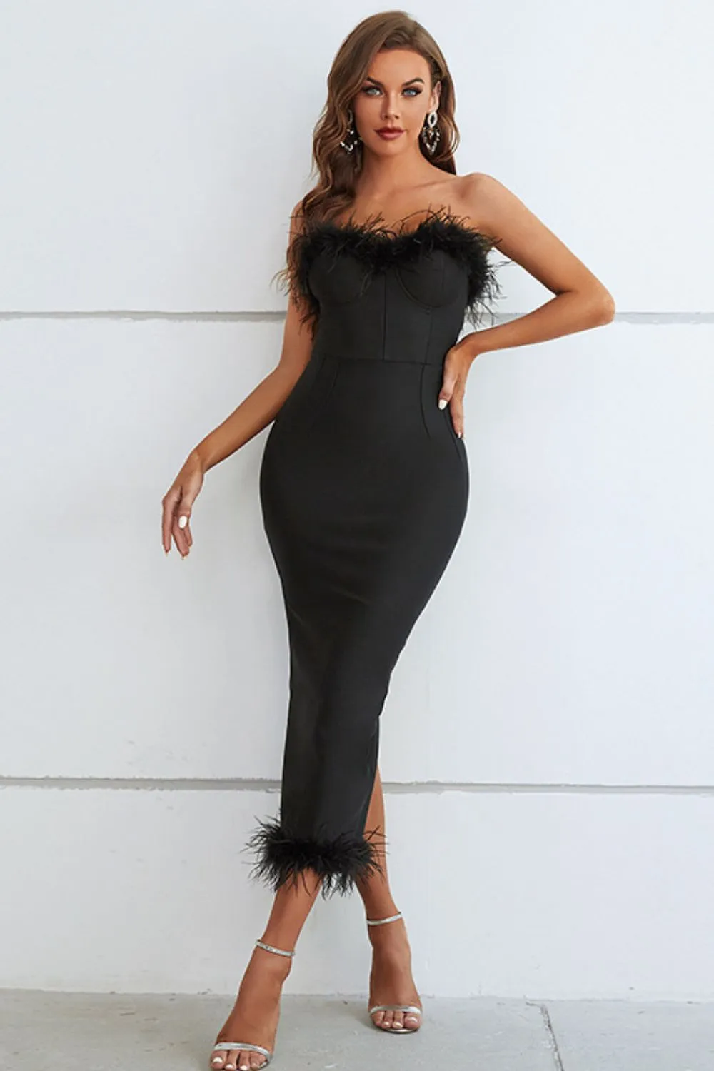 Wedding Guests / Feather Trim Strapless Sweetheart Neck Dress