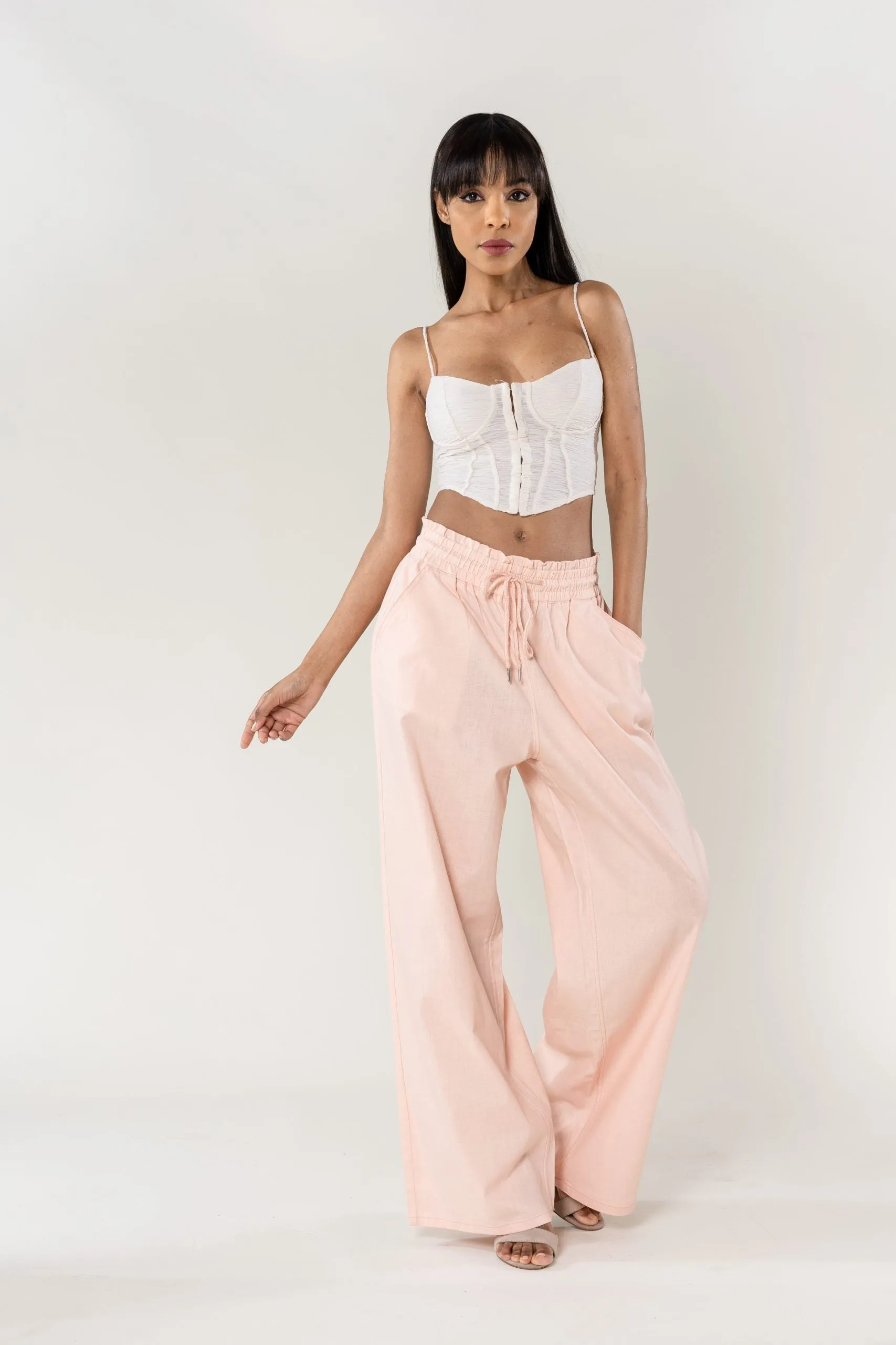 Wholesale Wide Linen Style Pants Baby Pink