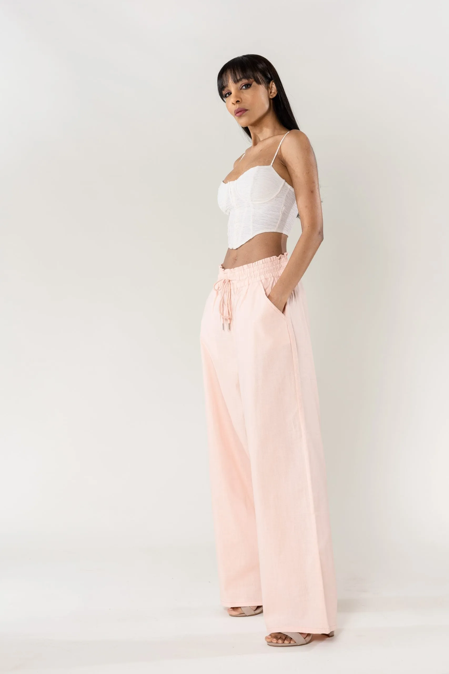 Wholesale Wide Linen Style Pants Baby Pink