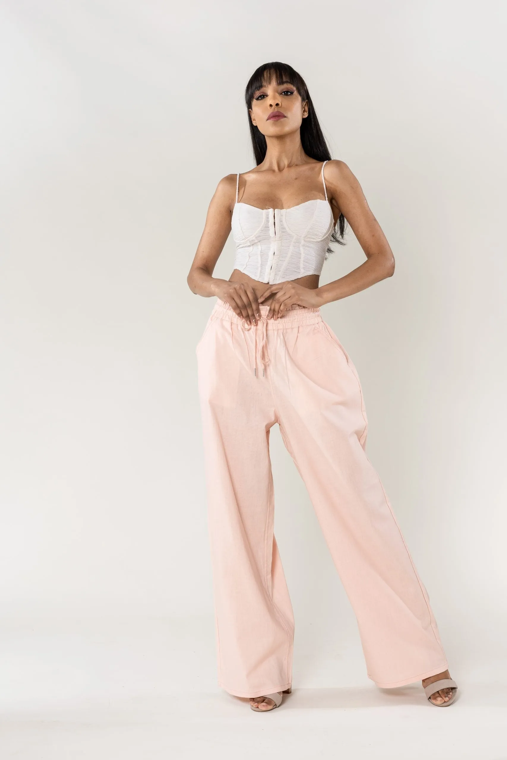 Wholesale Wide Linen Style Pants Baby Pink