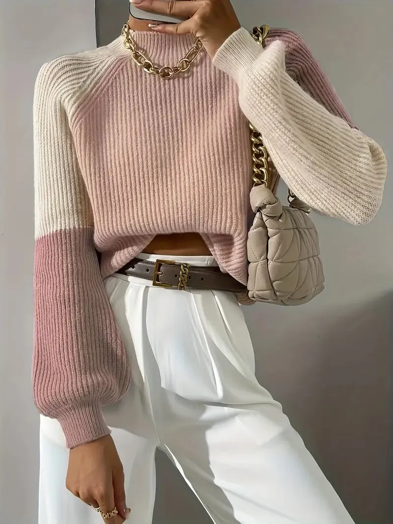 Women's Chic Colorblock Mock Neck Raglan Sleeve Jumper | Ideal for Autumn/Winter