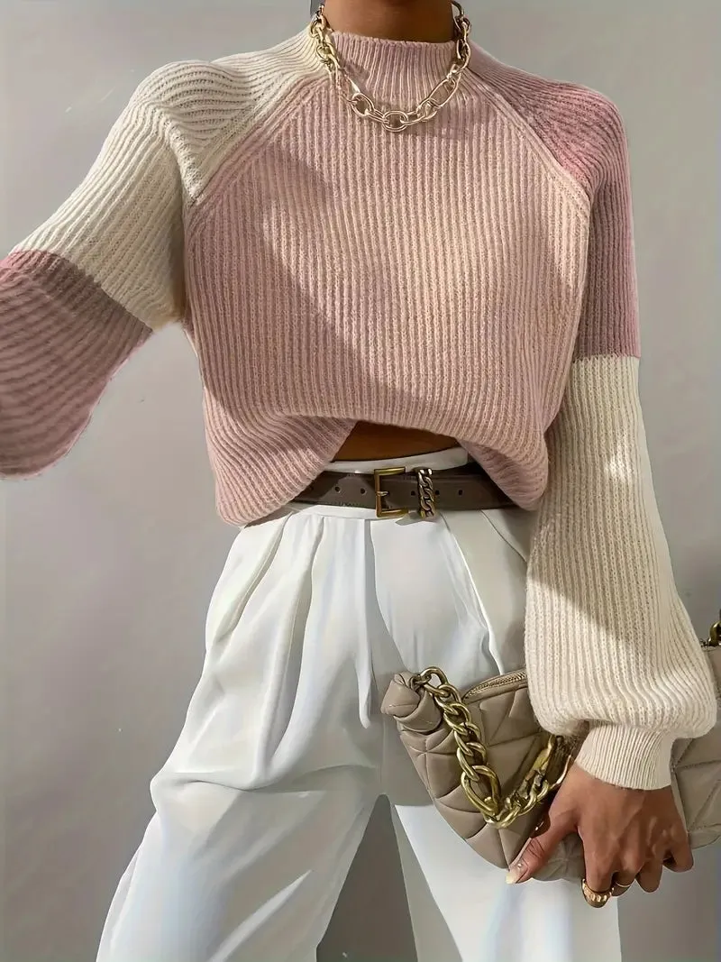 Women's Chic Colorblock Mock Neck Raglan Sleeve Jumper | Ideal for Autumn/Winter