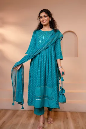 Women's Rayon Turquoise Nyara Cut A-Line Ethnic Set